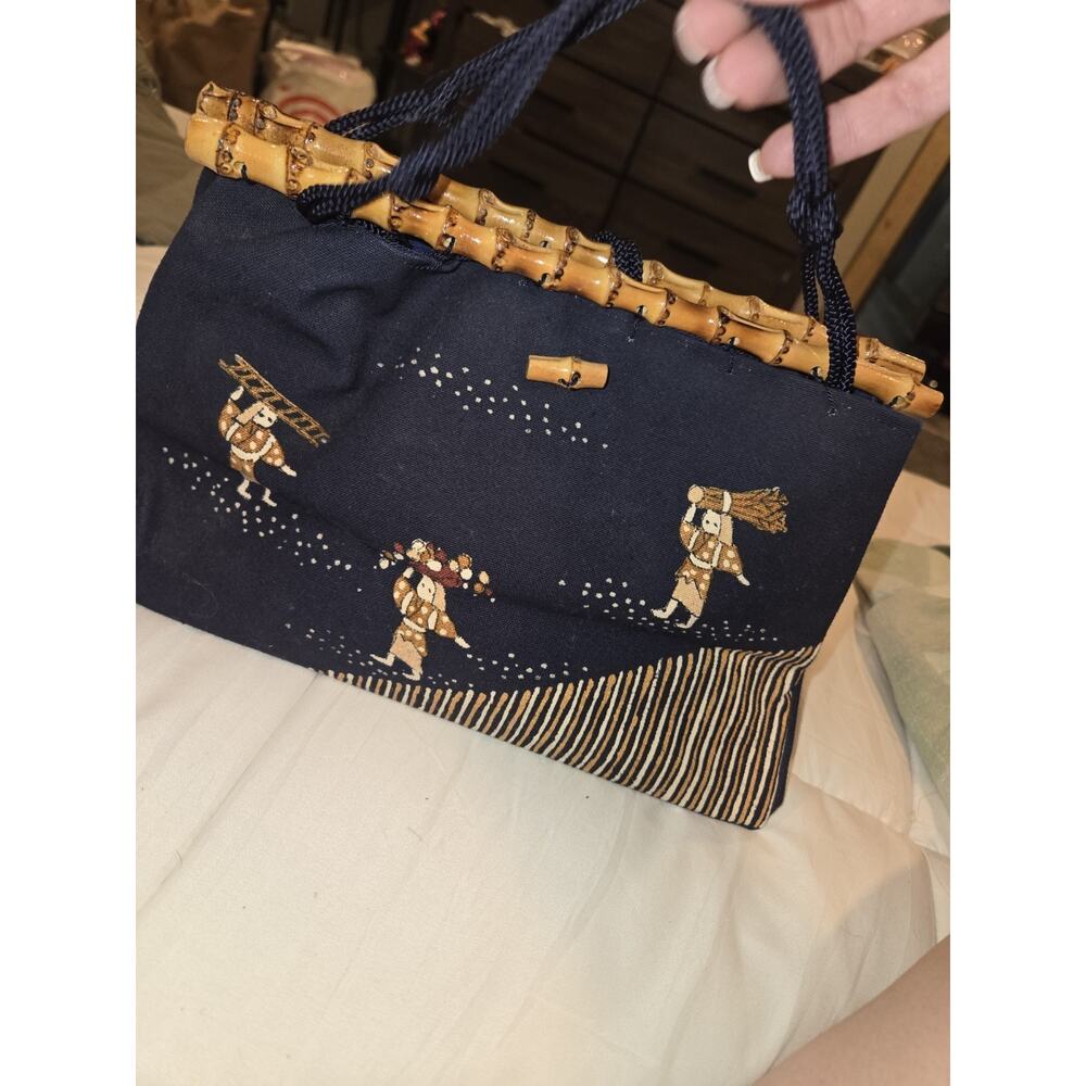 Handmade Japanese Fabric Handbag Bamboo Handle Traditional Motif